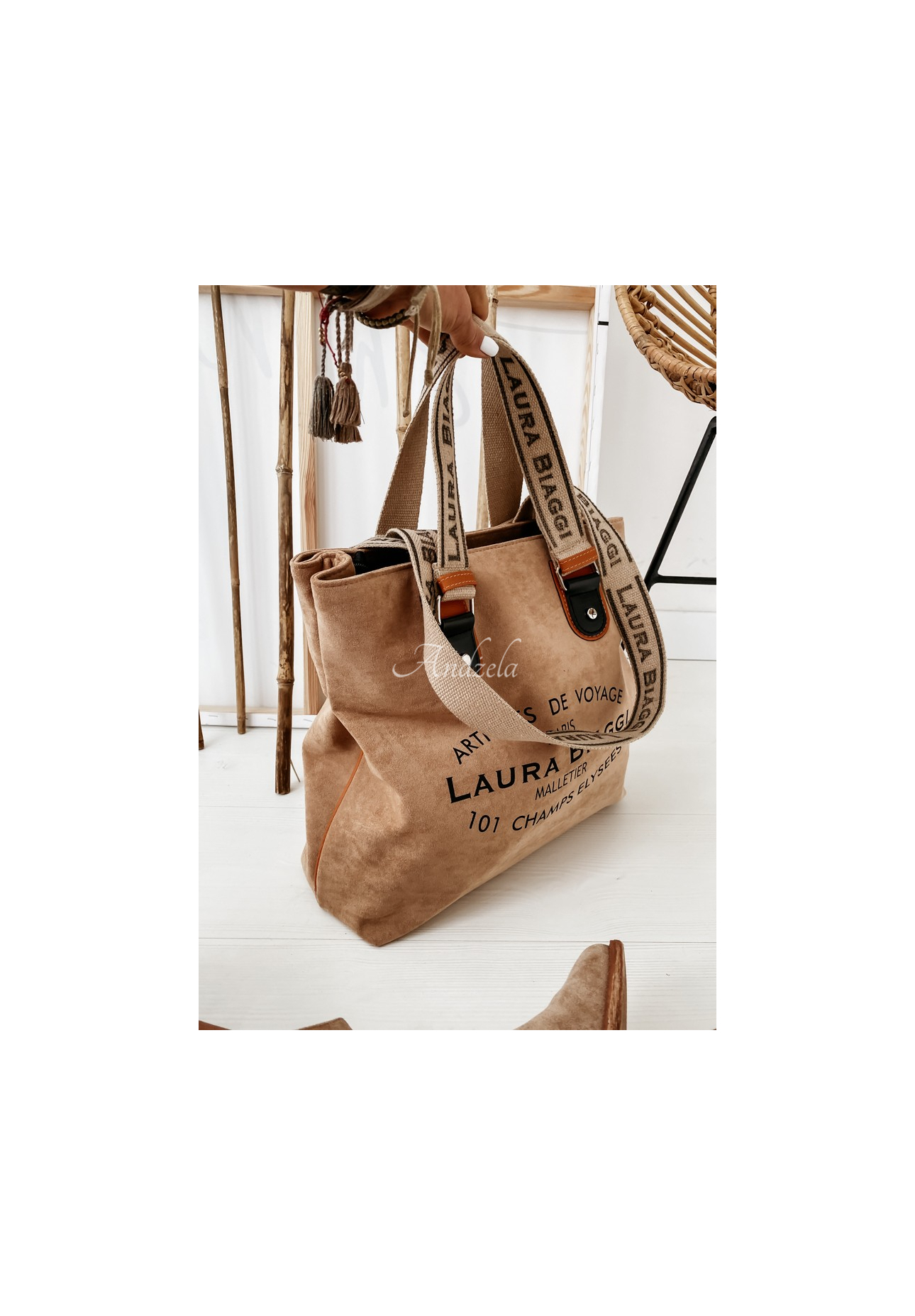 Voyage camel suede handbag