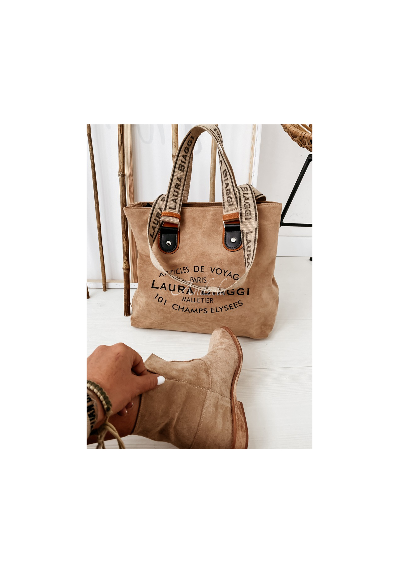 Voyage camel suede handbag
