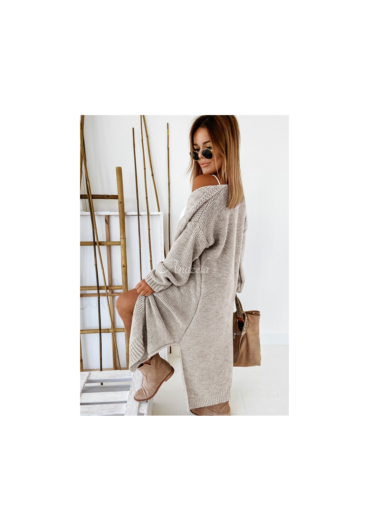 Nancy Long Beige Knit Cardigan
