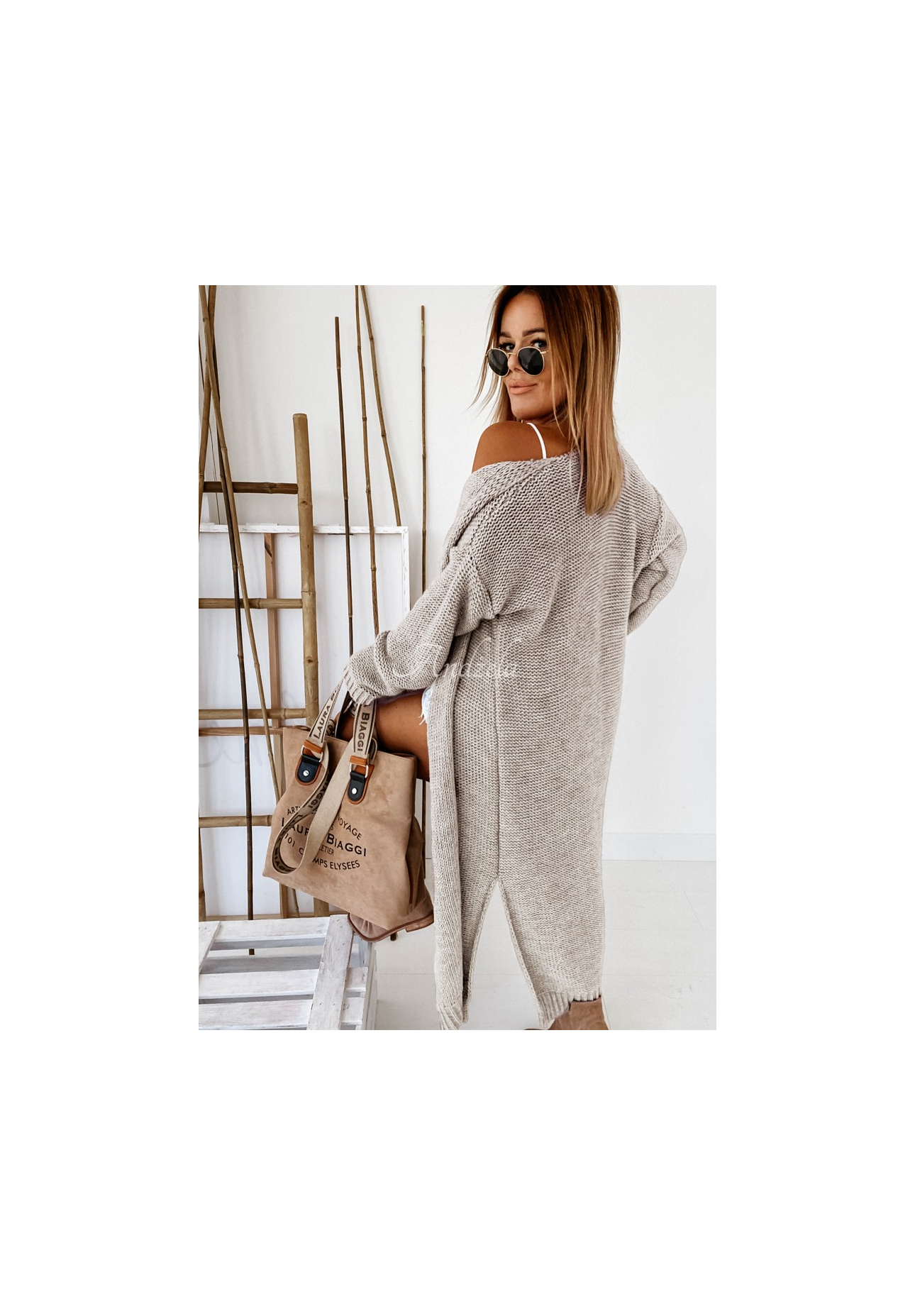 Nancy Long Beige Knit Cardigan