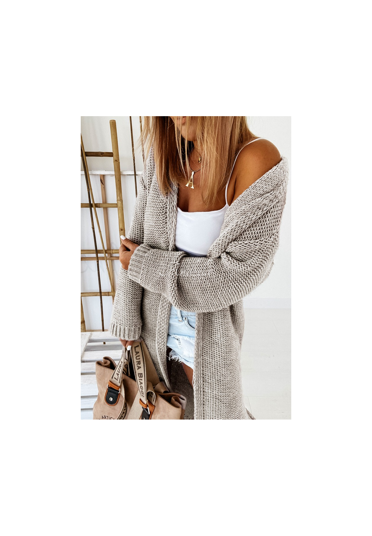 Nancy Long Beige Knit Cardigan