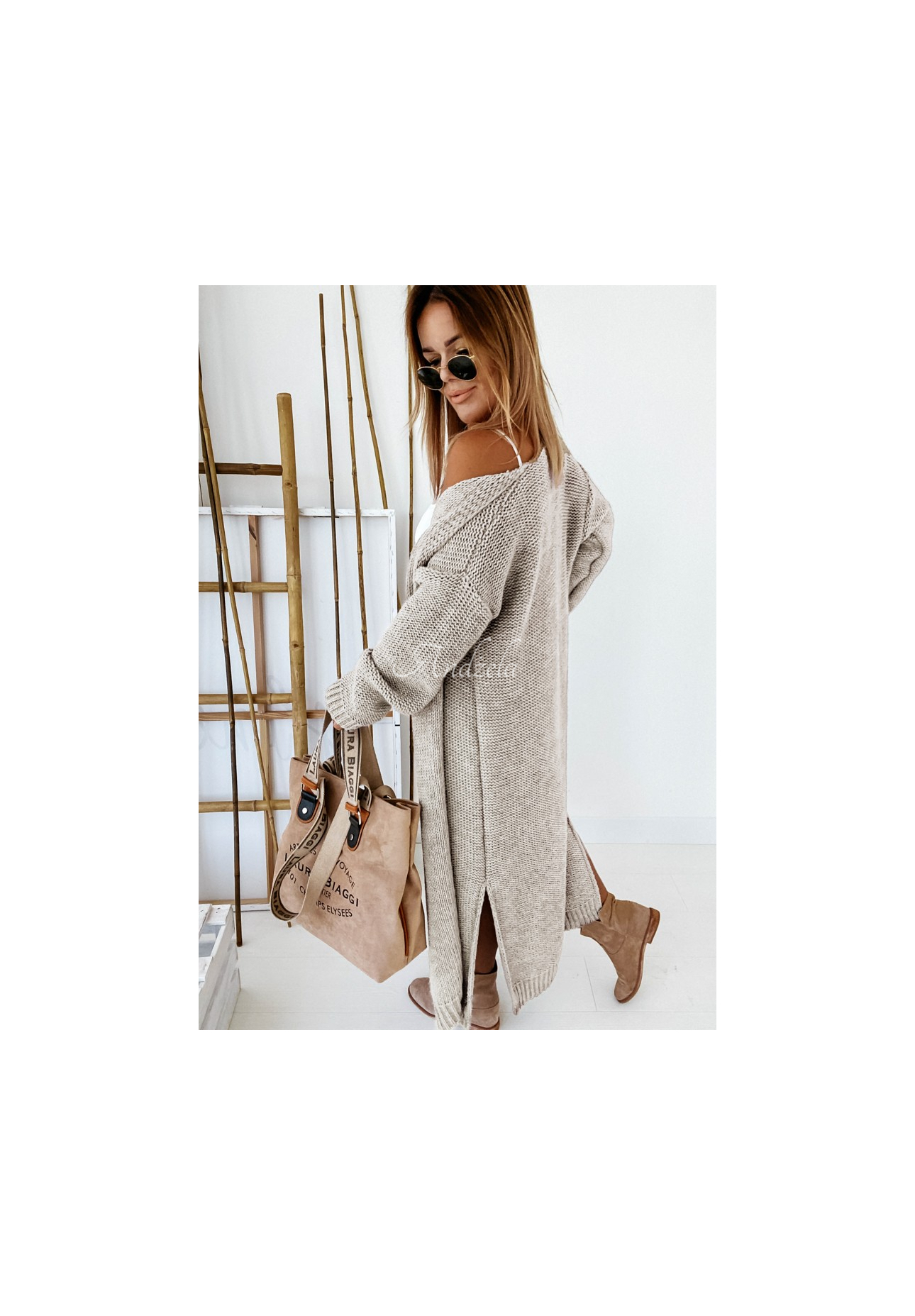 Nancy Long Beige Knit Cardigan