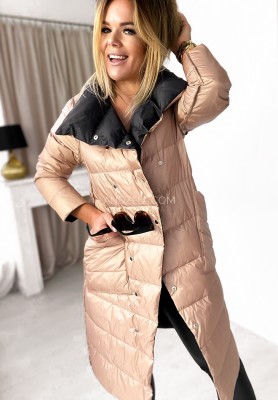 Długi dwustronny pikowany płaszcz Cover camelowo-czarny