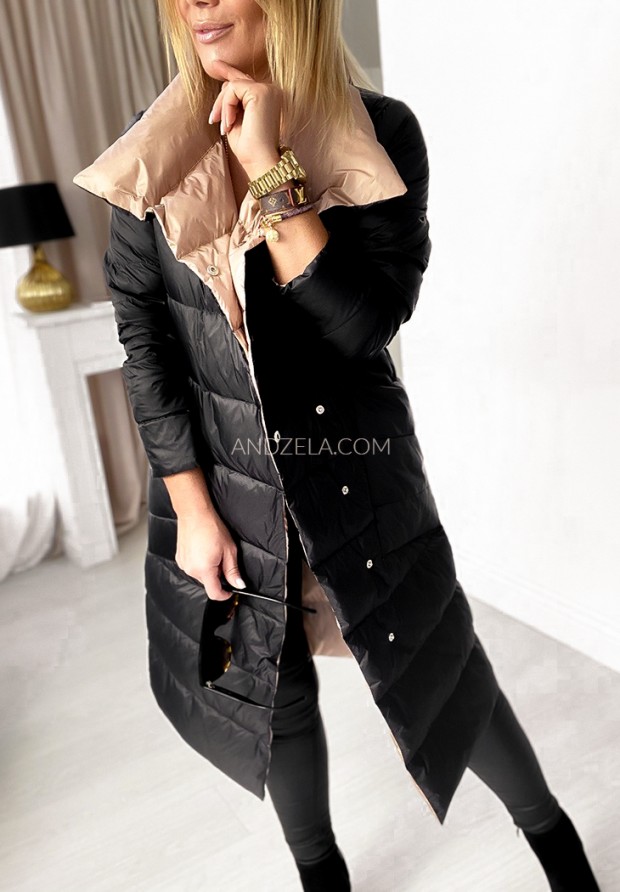 Długi dwustronny pikowany płaszcz Cover camelowo-czarny
