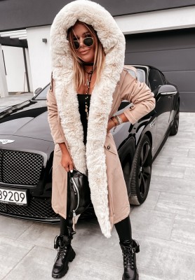 Parka jacket with extended cut with fur Brittany beige