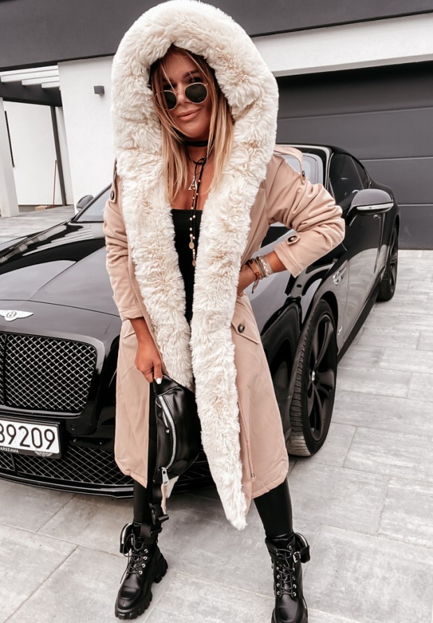 Parka jacket with extended cut with fur Brittany beige