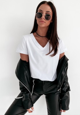 Bawełniany T-shirt z dekoltem w serek Lauren biały