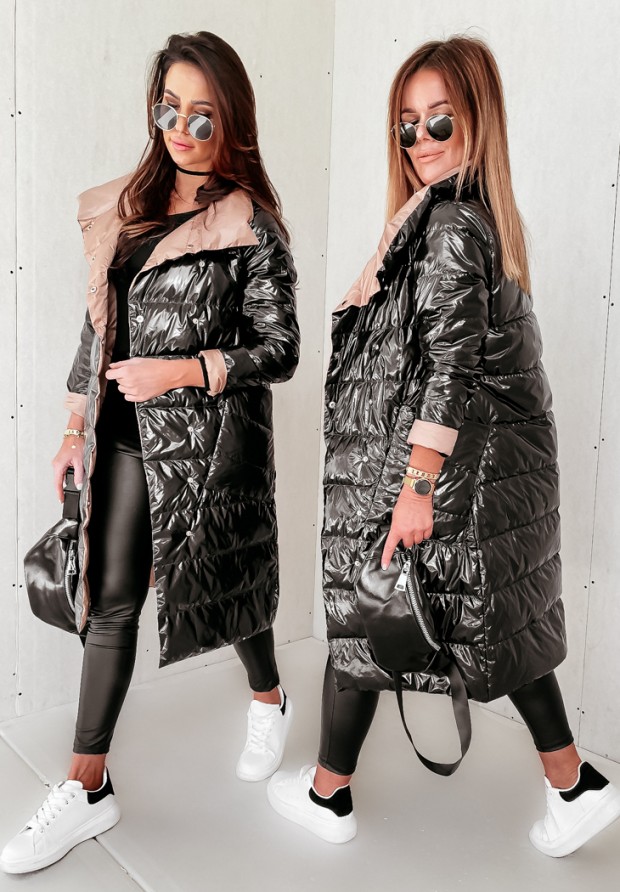 Długi dwustronny pikowany płaszcz Cover czarno-camelowy