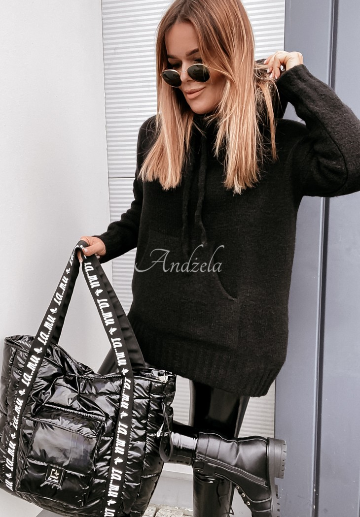Sweter oversize z kapturem i wełną Carra czarny