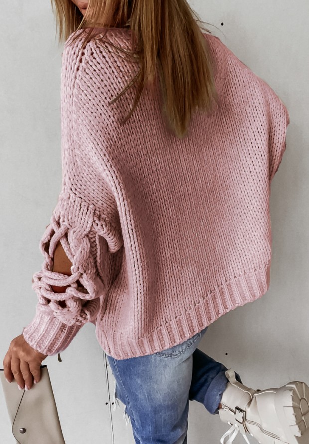 Sweter z ozdobnym splotem Cocomore Casual pudrowy róż