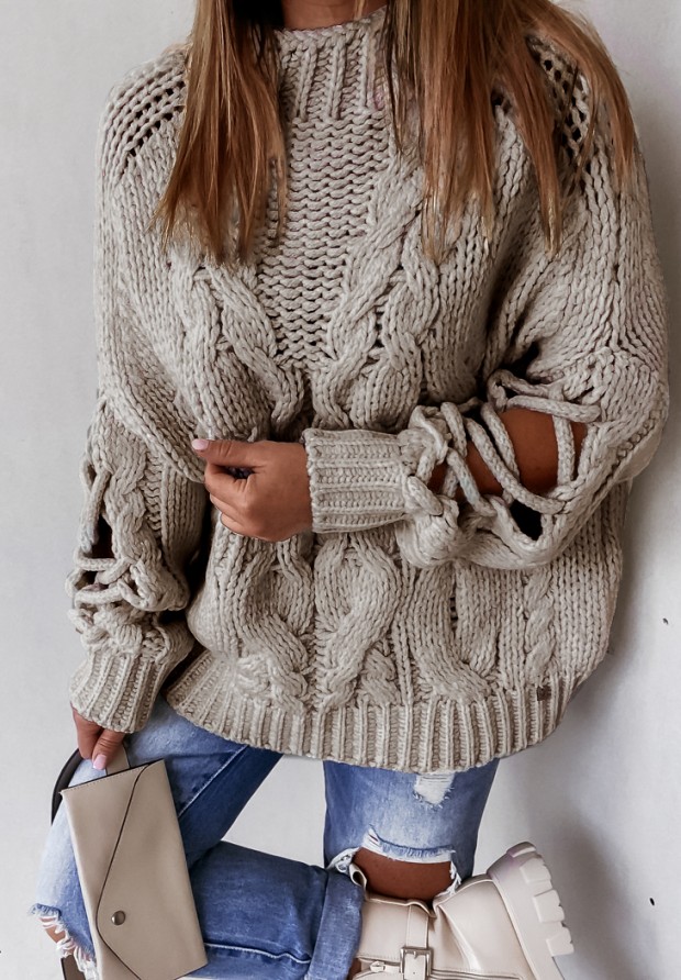 Sweter z ozdobnym splotem Cocomore Casual mokka