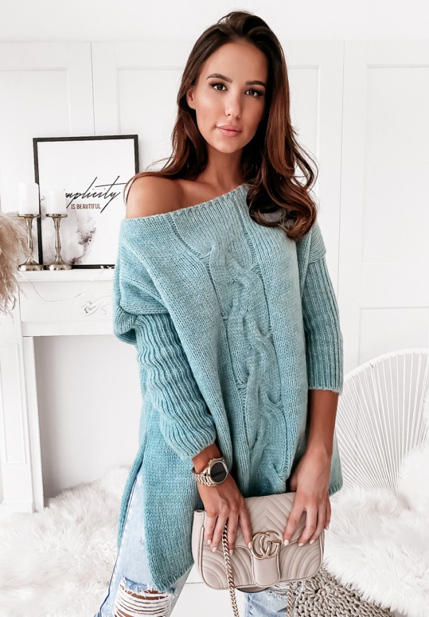Sweter oversize z ozdobnym splotem Batya jasnoniebieski