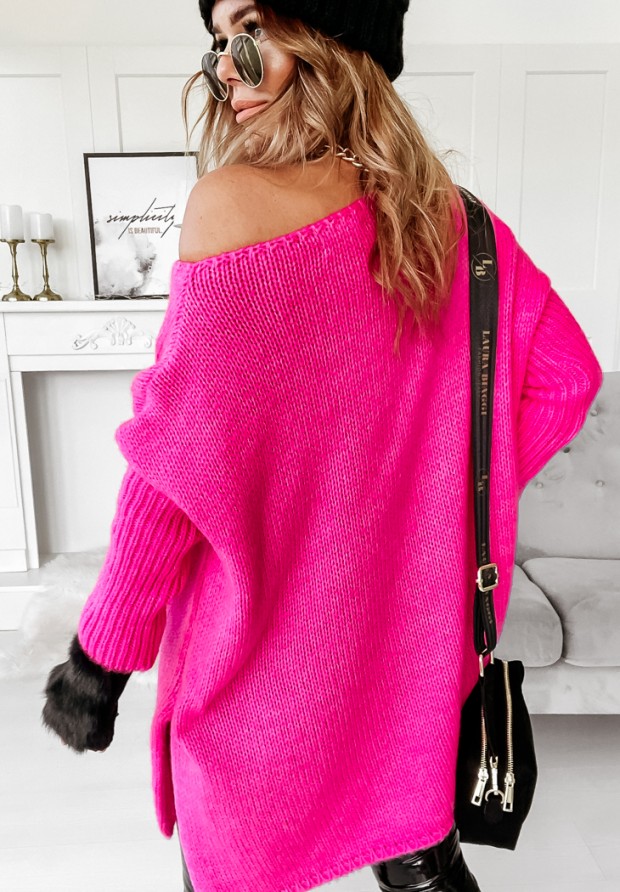 Sweter oversize z ozdobnym splotem Batya neonowy różowy