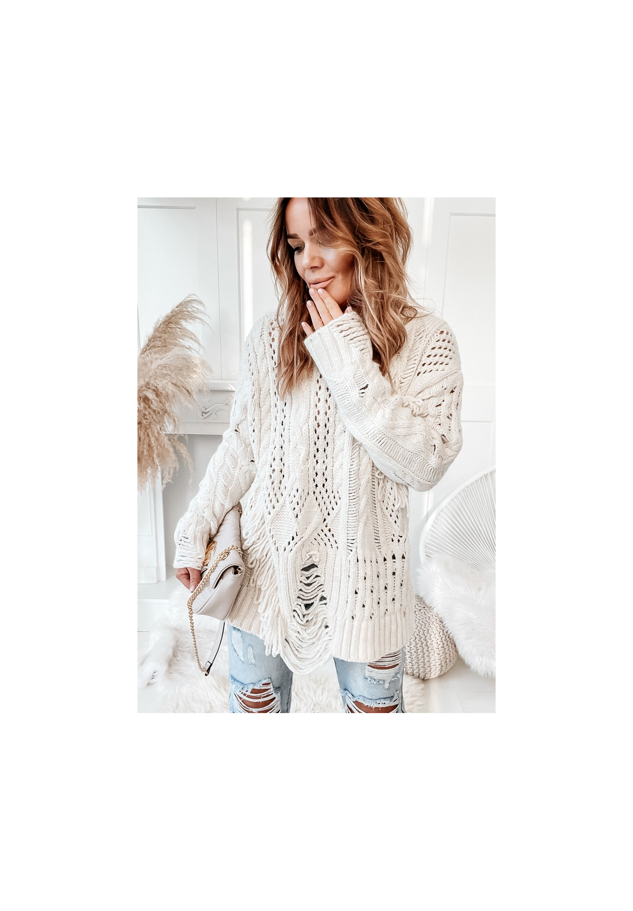 Cocomore Riani ecru openwork sweater with rubbed edges
