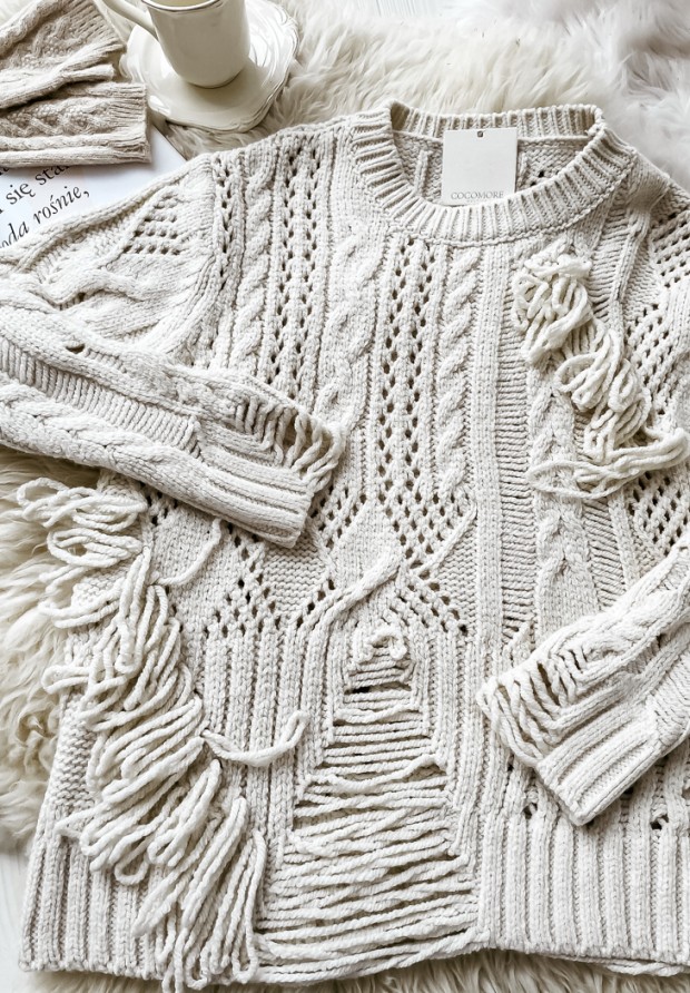 Ażurowy sweter z przetarciami Cocomore Riani ecru
