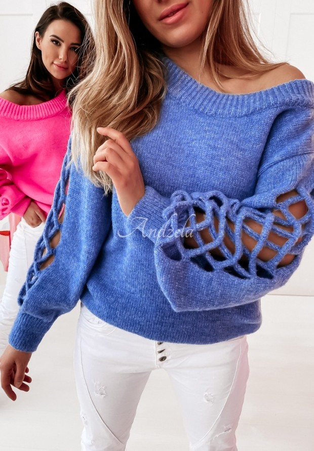 Sweter z ażurowymi rękawami Dorita niebieski