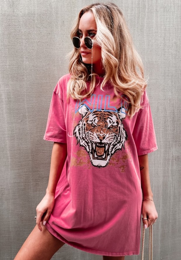 Długi T-shirt z nadrukiem Wild różowy