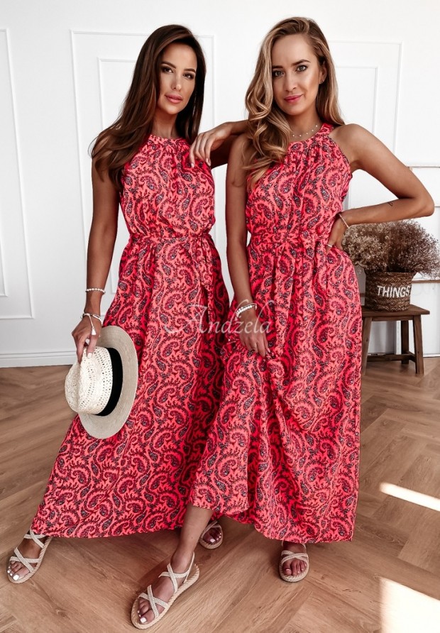 Sukienka maxi we wzory Salvadori neonowy różowy