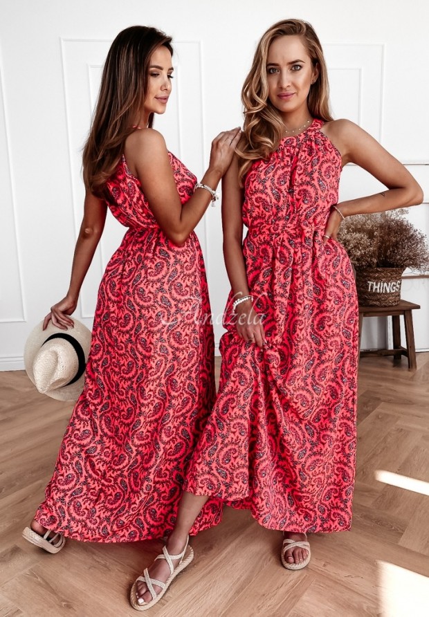 Sukienka maxi we wzory Salvadori neonowy różowy