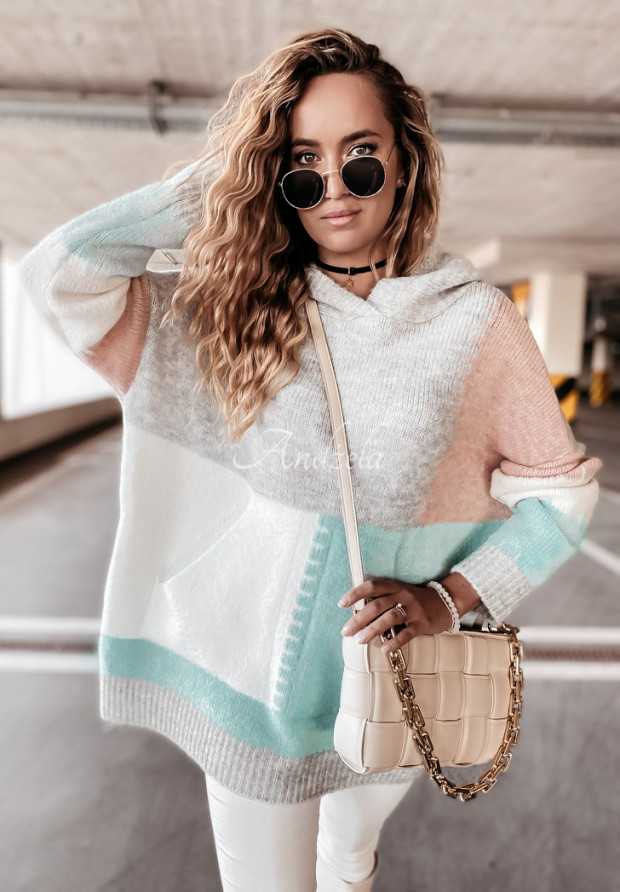 Sweter oversize z kapturem i wełną Hamilton miętowo-r&oacute;żowy