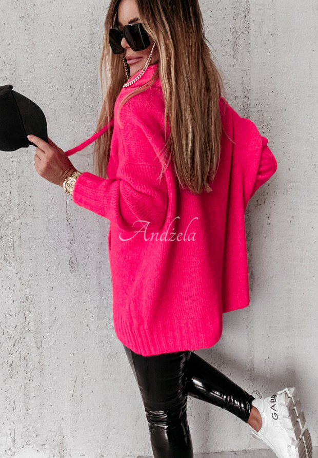 Sweter oversize z kapturem Carra neonowy różowy