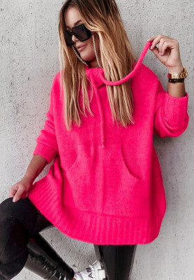 Sweter oversize z kapturem Carra neonowy różowy