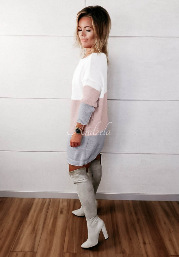 Dzianinowa sukienka sweter Morena biało-szara