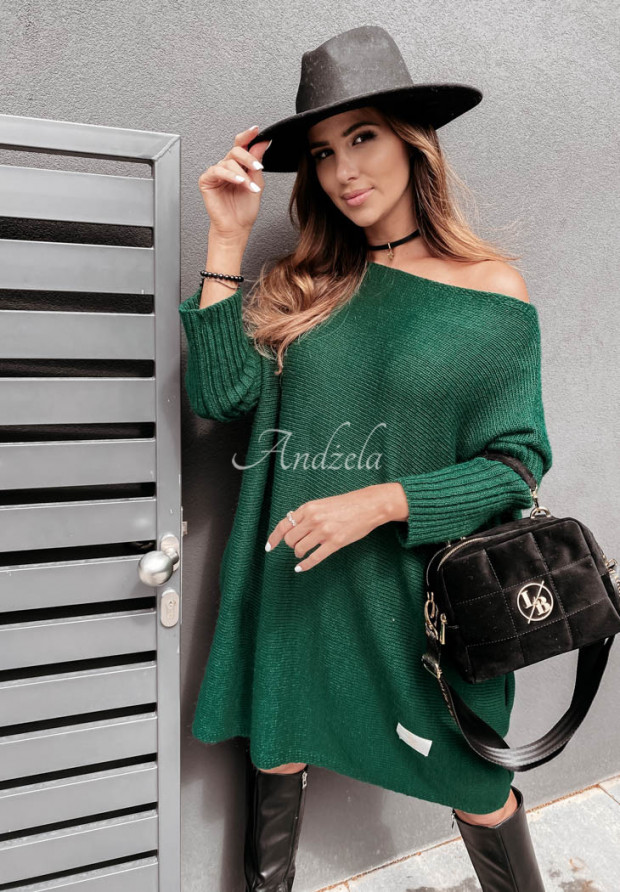 Dzianinowy sweter sukienka oversize California butelkowa zieleń