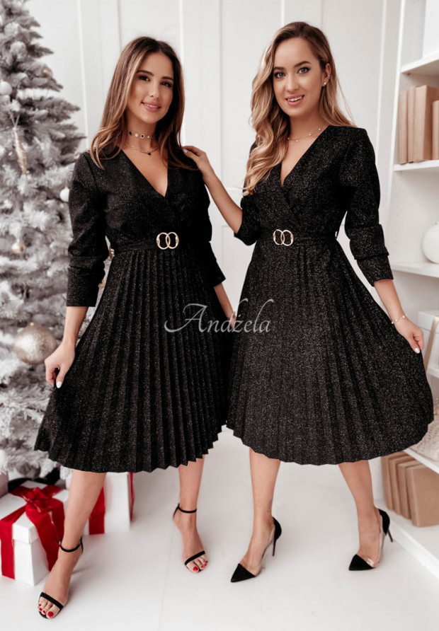 Plisowana sukienka midi z brokatem Amely czarna