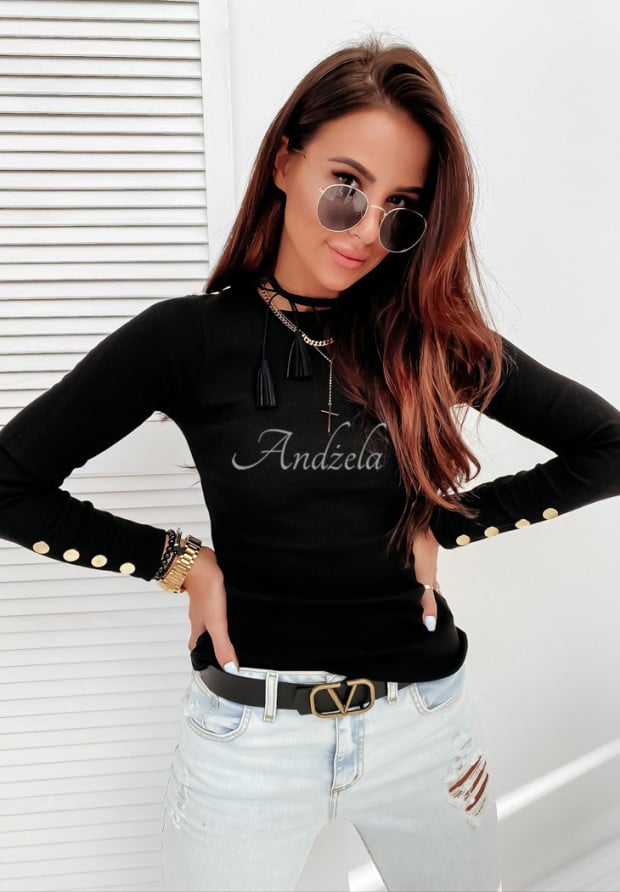 Prążkowana bluzka z ozdobnymi guzikami Anita czarna