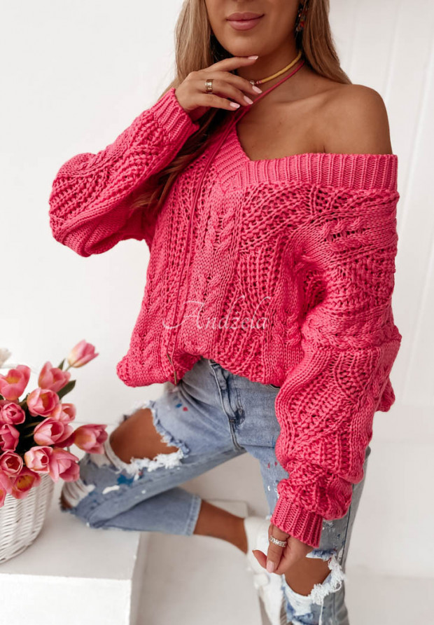 Sweter oversize z dekoltem w serek Vicaldo różowy