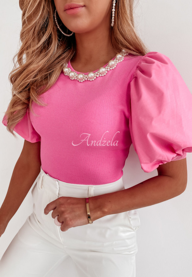 Prążkowana bluzka z bufkami Miralla różowa