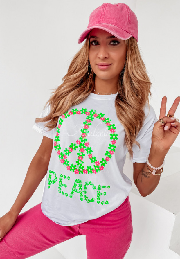 T-shirt z nadrukiem Peace Flora biały