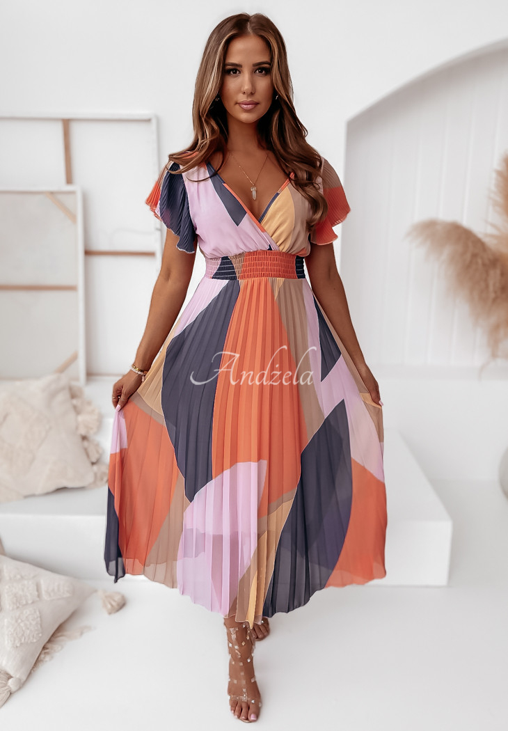 Venetia Indi orange pleated patterned dress