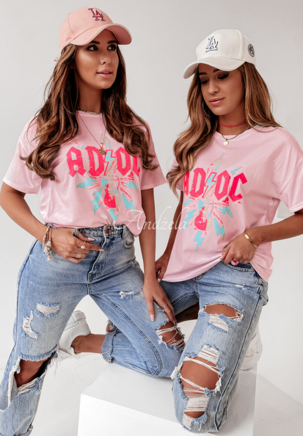 T-shirt z nadrukiem ACDC pudrowy róż
