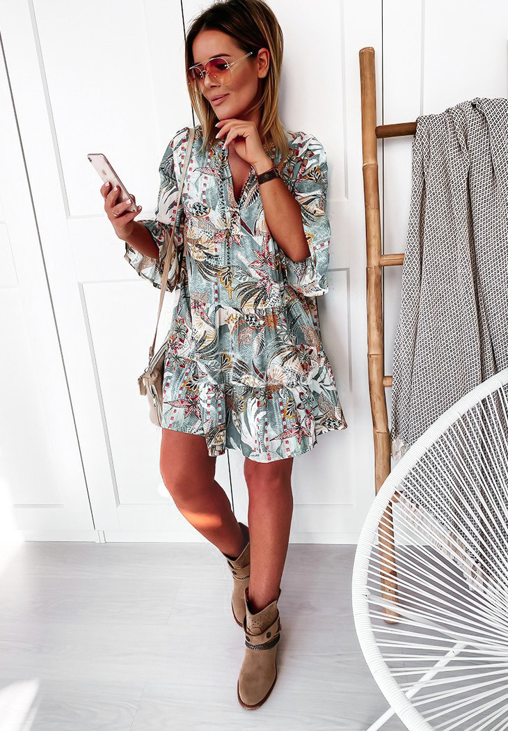 Patterned mini boho mint dress