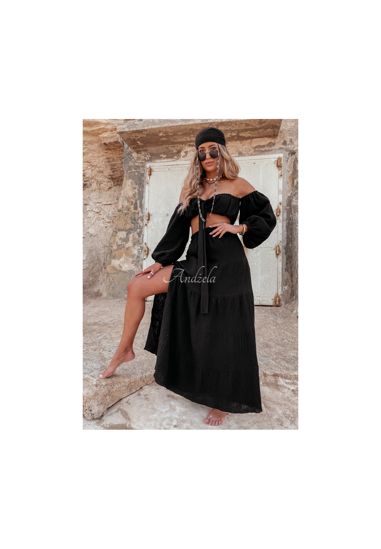 Muślinowa spódnica z rozcięciem Malta czarna