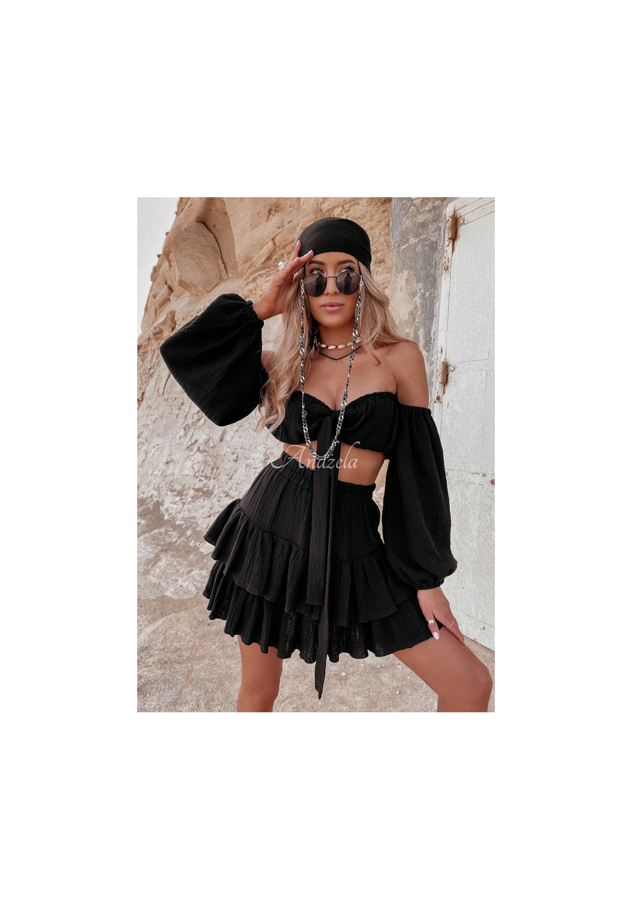 Muslin spangled blouse with ties Malta black