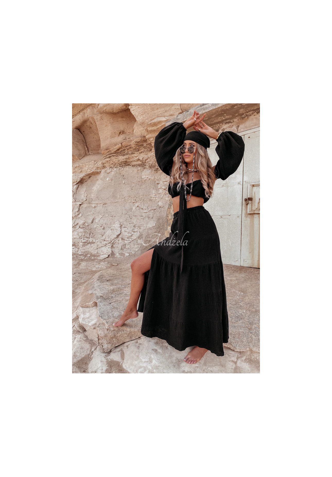 Muslin spangled blouse with ties Malta black