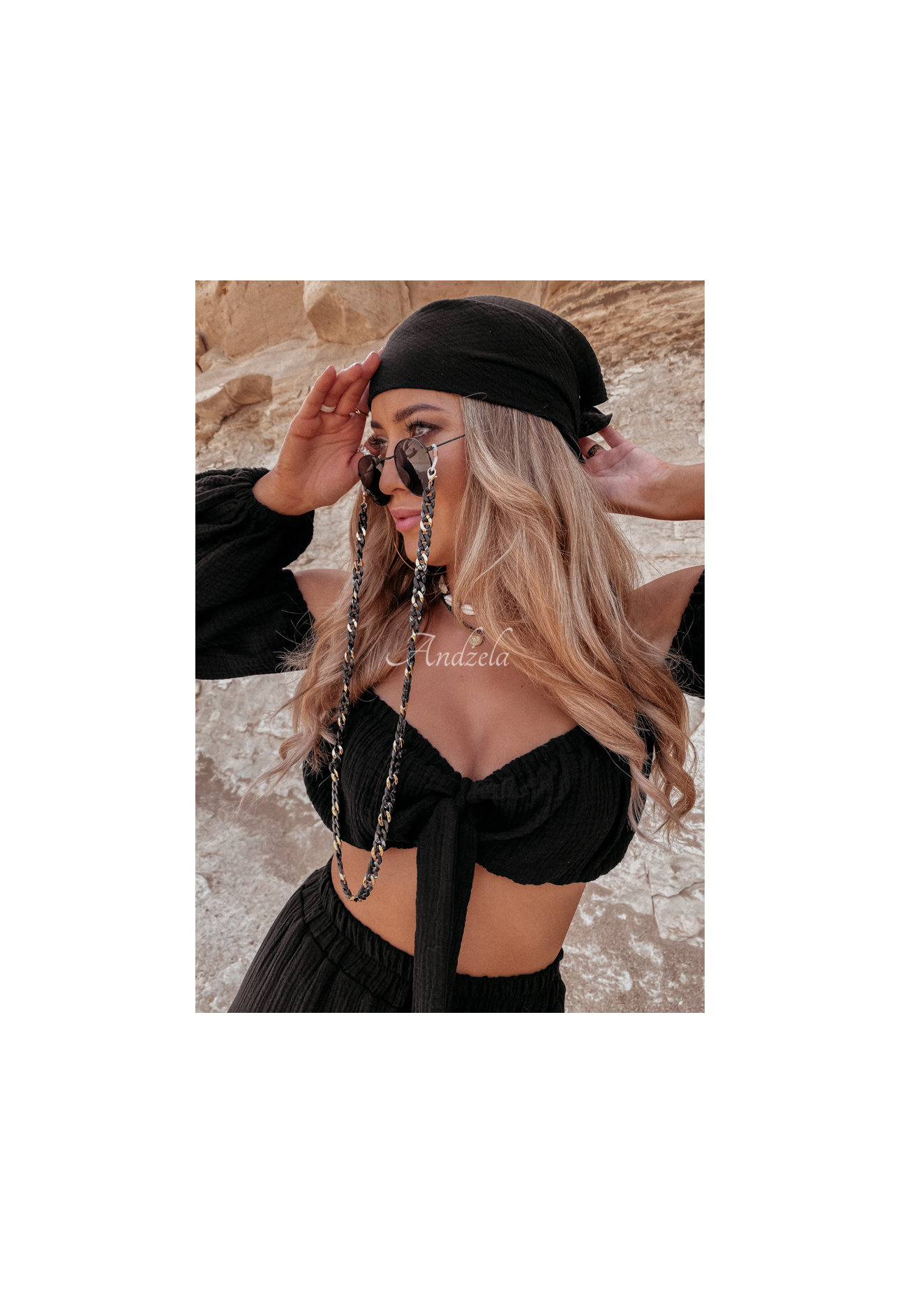 Muslin spangled blouse with ties Malta black