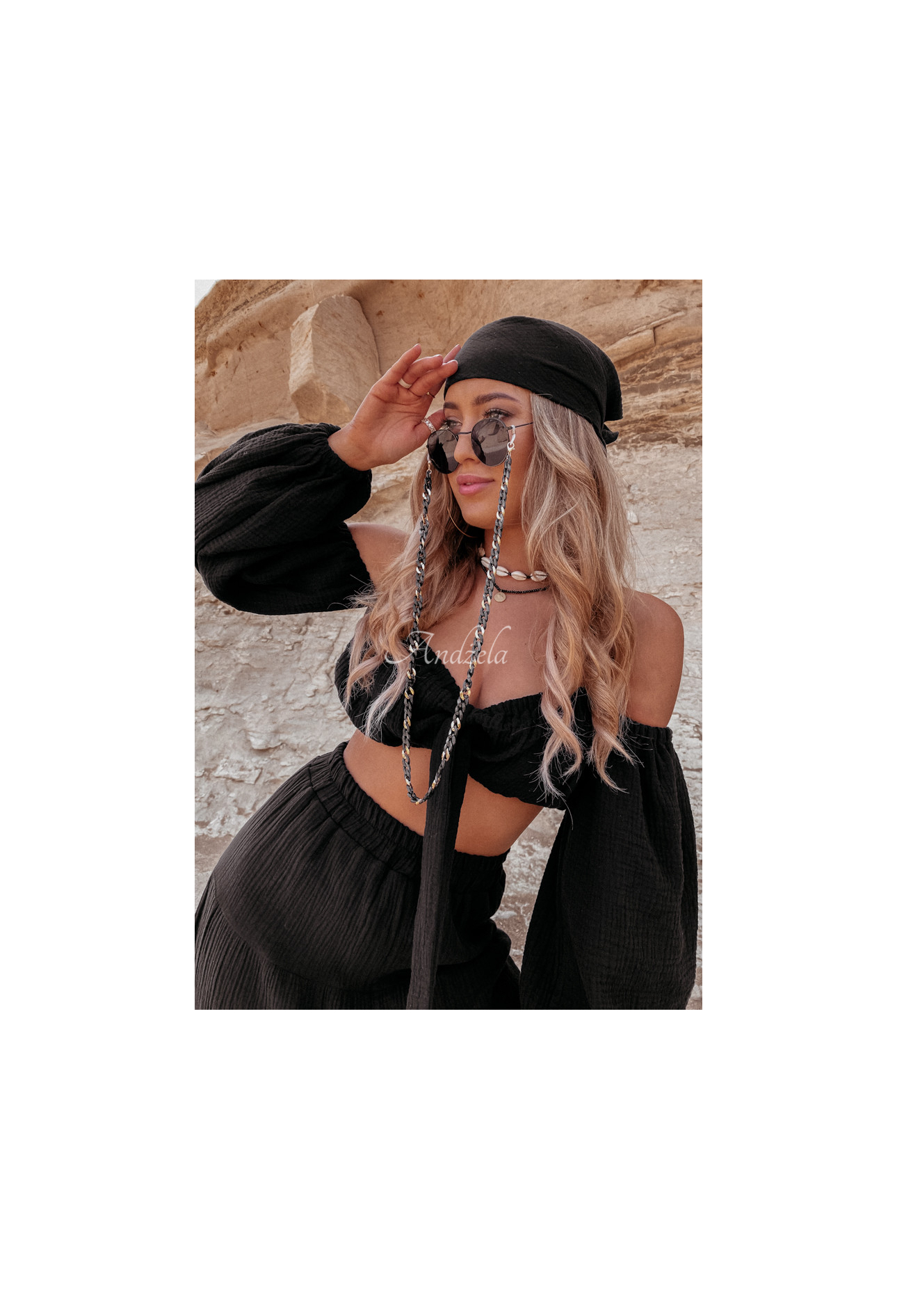 Muślinowa bluzka hiszpanka z wiązaniem Malta czarna