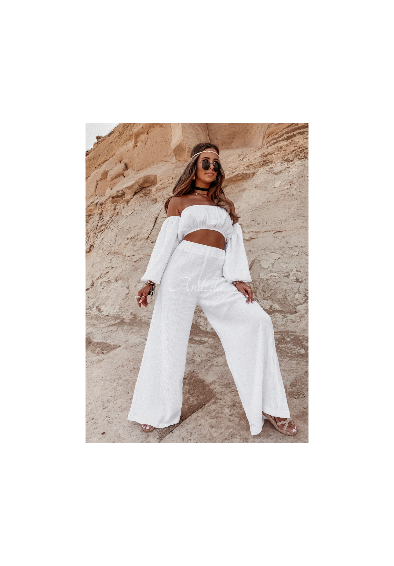 Muślinowe spodnie wide leg Malta białe