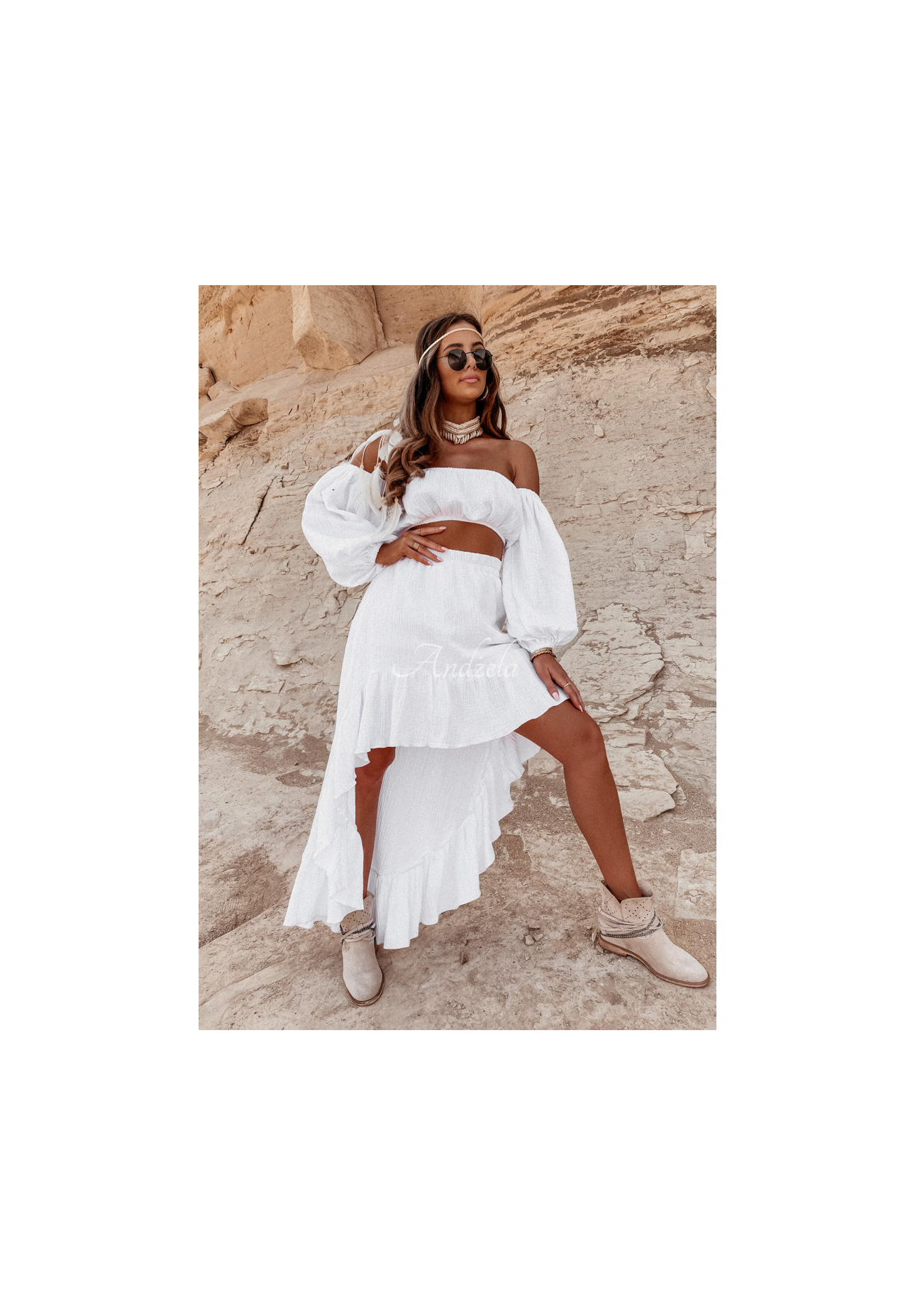 Asymmetrical muslin skirt with frills Malta white