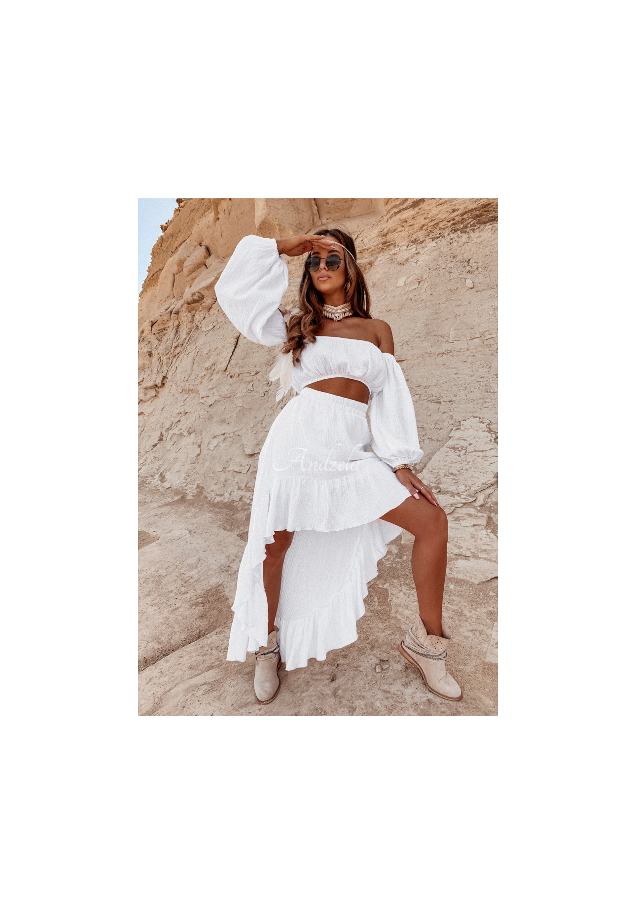 Asymmetrical muslin skirt with frills Malta white