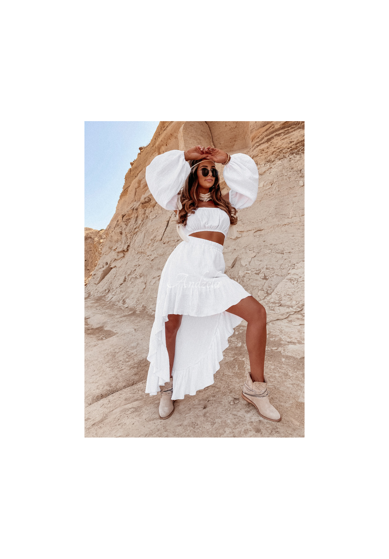 Asymmetrical muslin skirt with frills Malta white