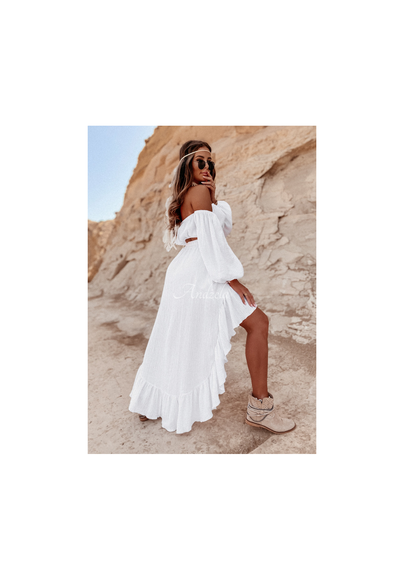 Asymmetrical muslin skirt with frills Malta white