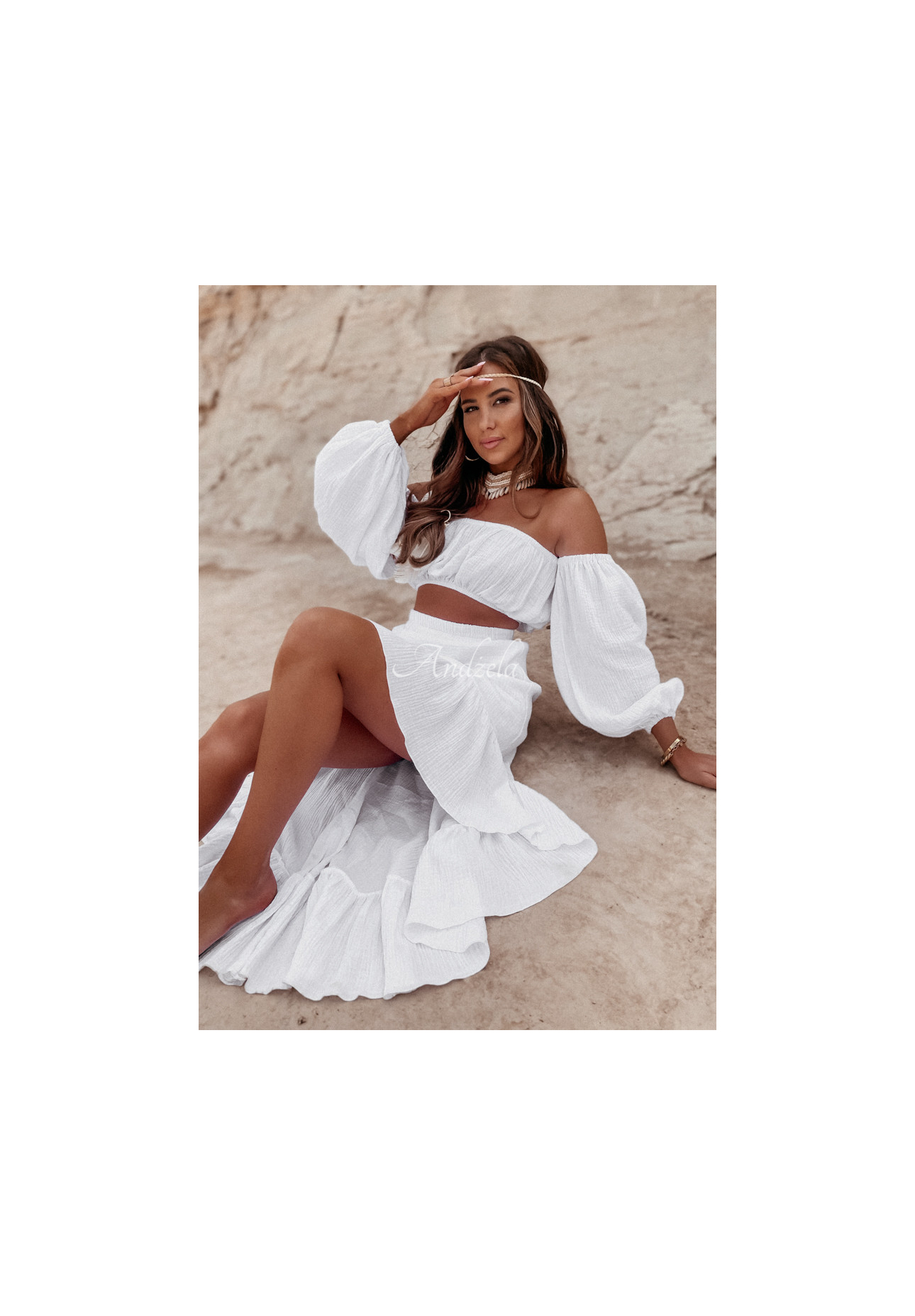 Asymmetrical muslin skirt with frills Malta white