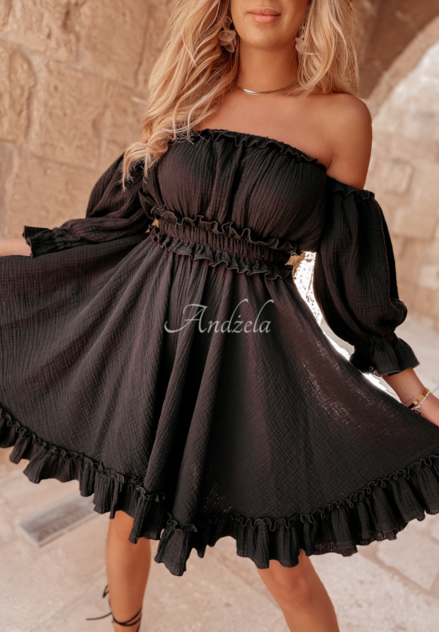 Muślinowa sukienka hiszpanka z falbankami Malta czarna