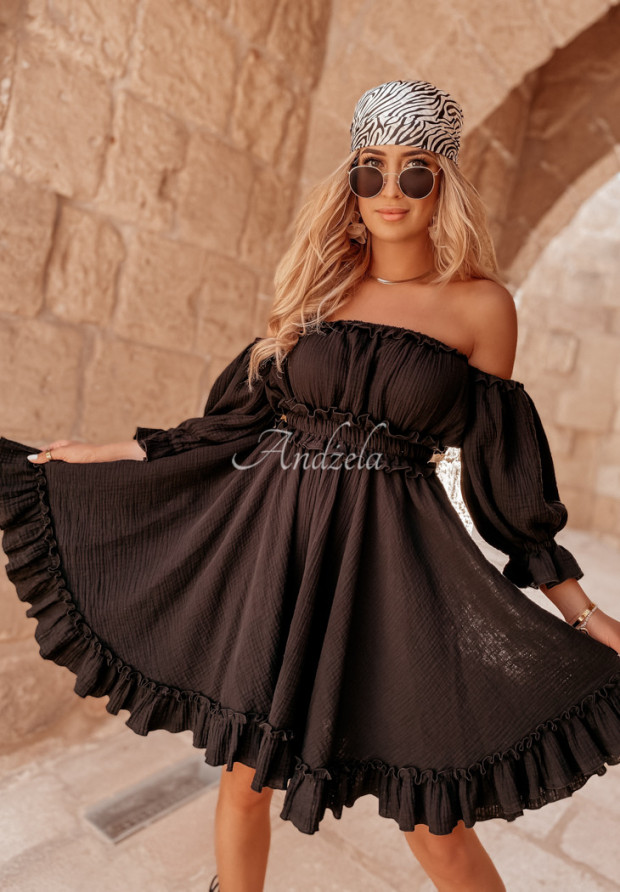 Muślinowa sukienka hiszpanka z falbankami Malta czarna