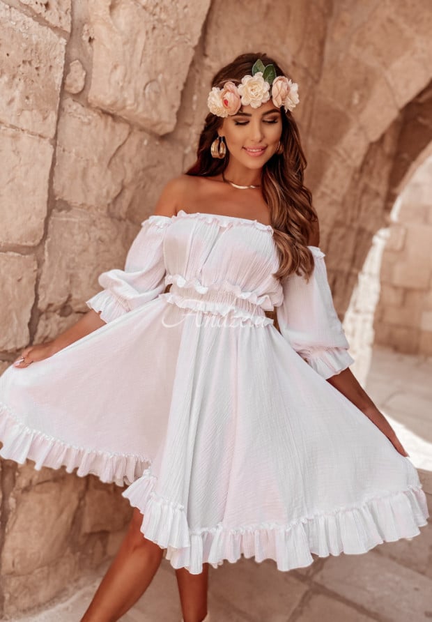 Muślinowa sukienka hiszpanka z falbankami Malta biała